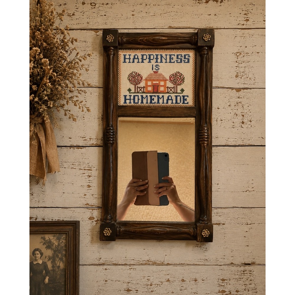 Vintage Happiness is Homemade Cross Stitch Wall Mirror Dark Wood Spindle Frame